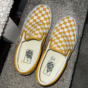 Vans Classic Slip-On Checkerboard Shoes in mustard and white